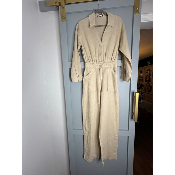 ZARA Beige Linen Blend Button Front Wide Leg Jumpsuit Women XS